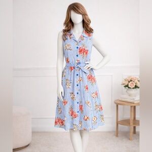 Mlle Gabrielle Blue Stripe Floral Button Front Dress Small cotton